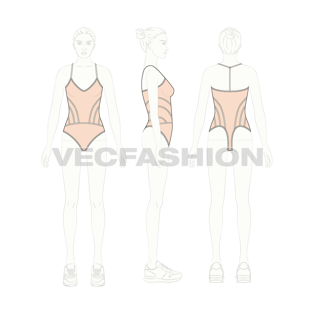 Womens panelled beach swimsuit flat sketch, croqui sketch
