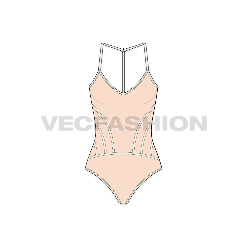 Womens panelled beach swimsuit flat sketch, front view