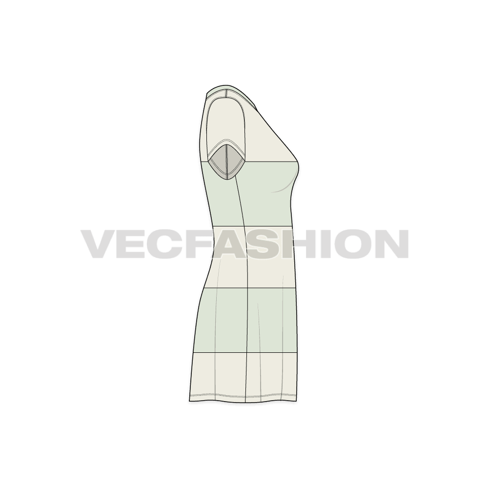 Womens panelled cape dress flat sketch, side view