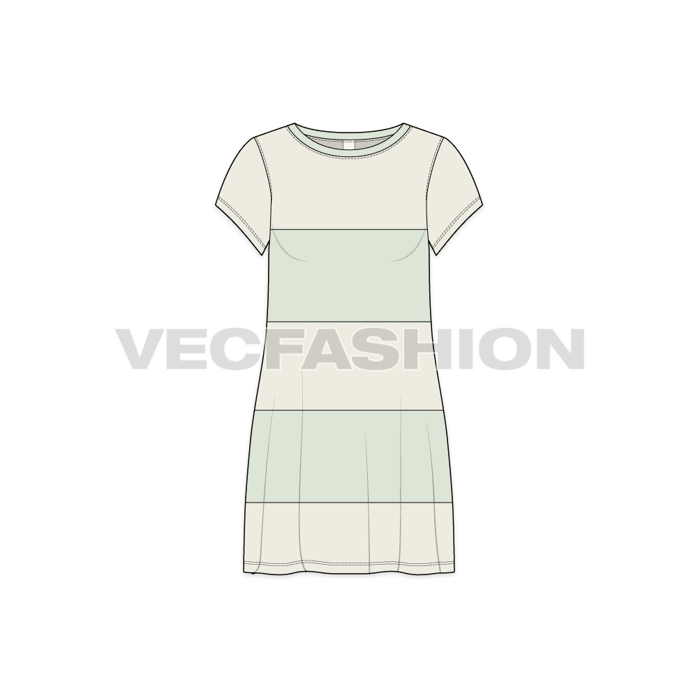 A vector template for Women's Panelled Cape Dress. It is a lose fit dress with round neck shape, it has mint colored contrast binding on the neckline.