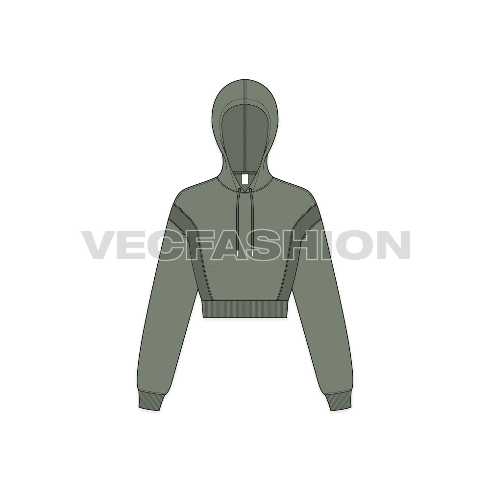Womens panelled drop shoulder hoodie flat sketch, front view