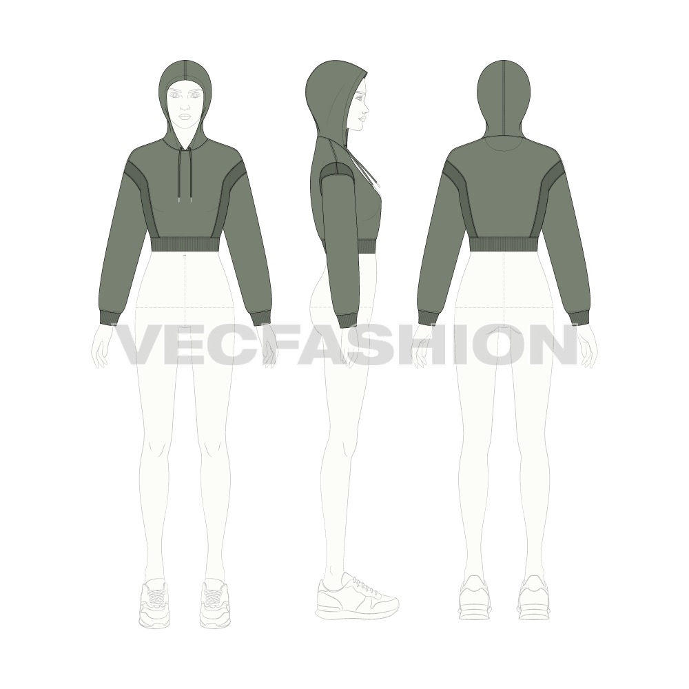 Womens panelled drop shoulder hoodie flat sketch, croqui sketch