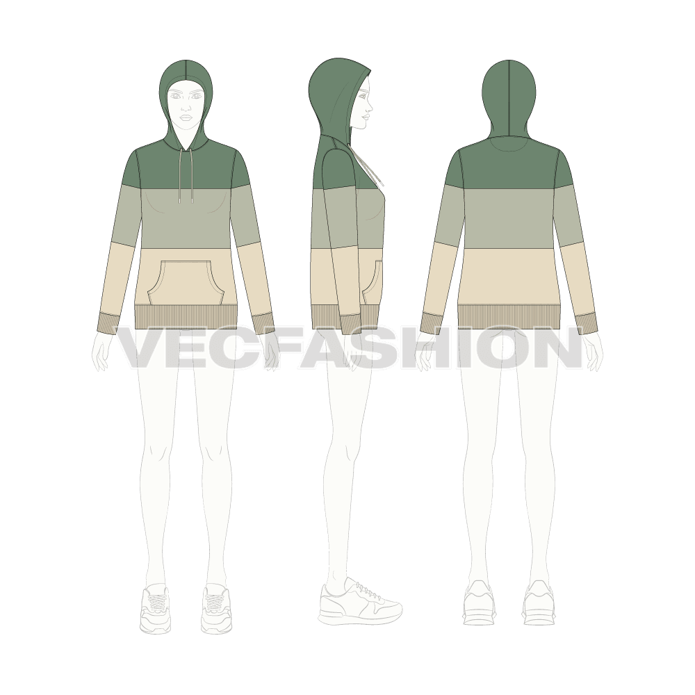 Womens panelled hoodie flat sketch, croqui sketch