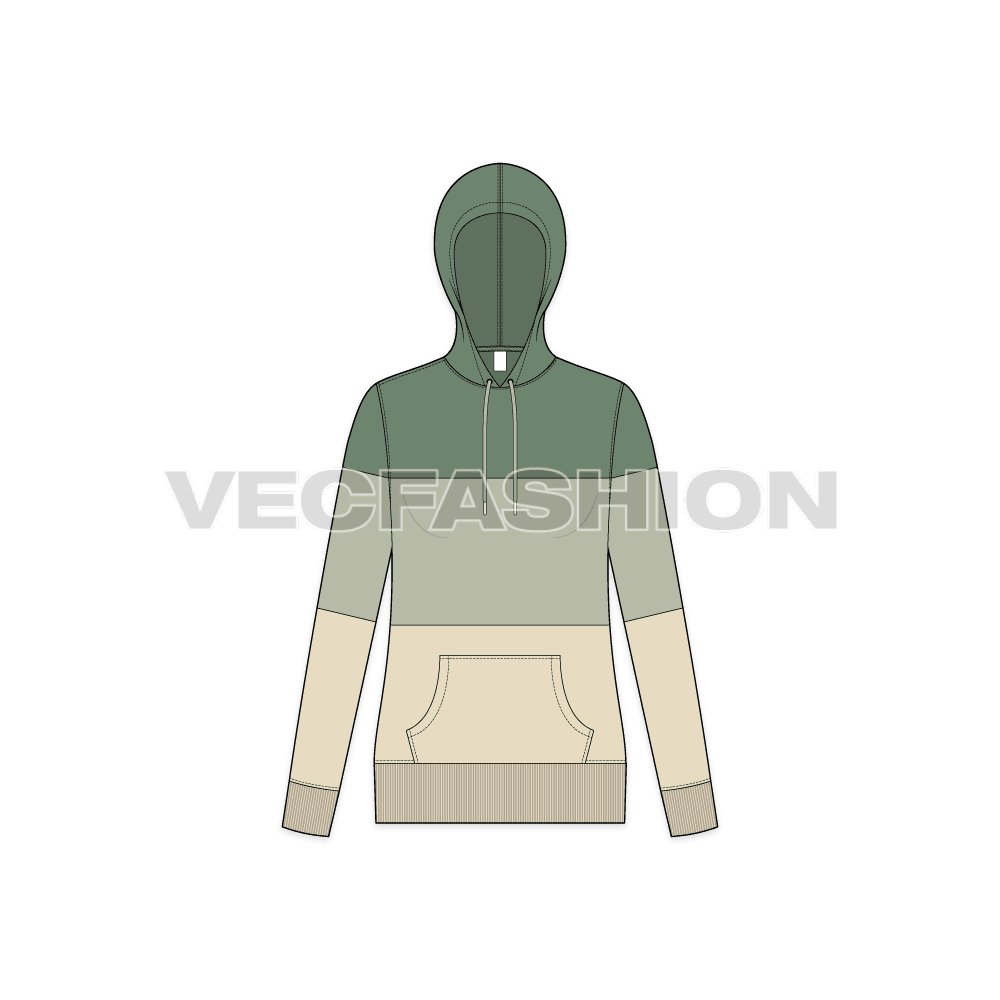 Womens panelled hoodie flat sketch, front view