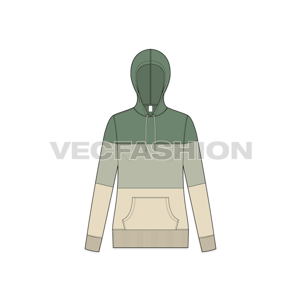 A vector illustrator sketch template of Women's Panelled Hoodie. It has Charcoal Gray colored panel on top, white in the middle and medium gray on lower panels. 