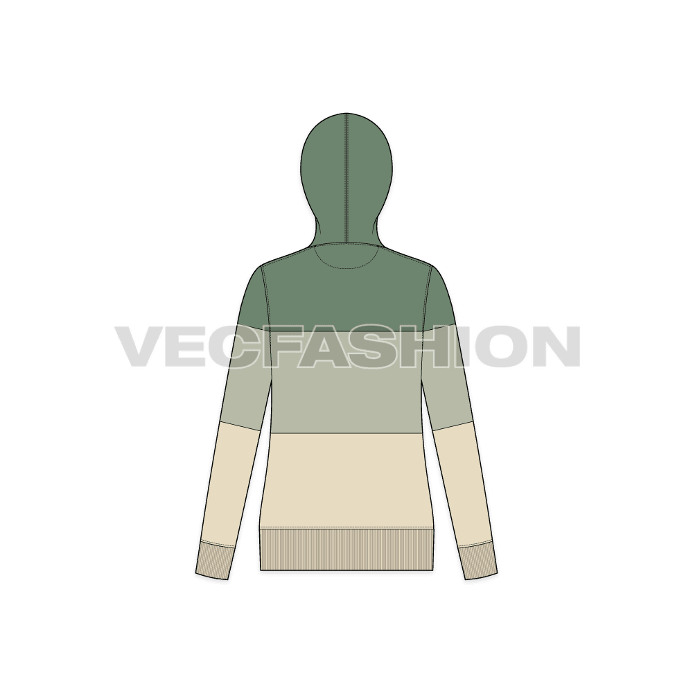Womens panelled hoodie flat sketch, back view