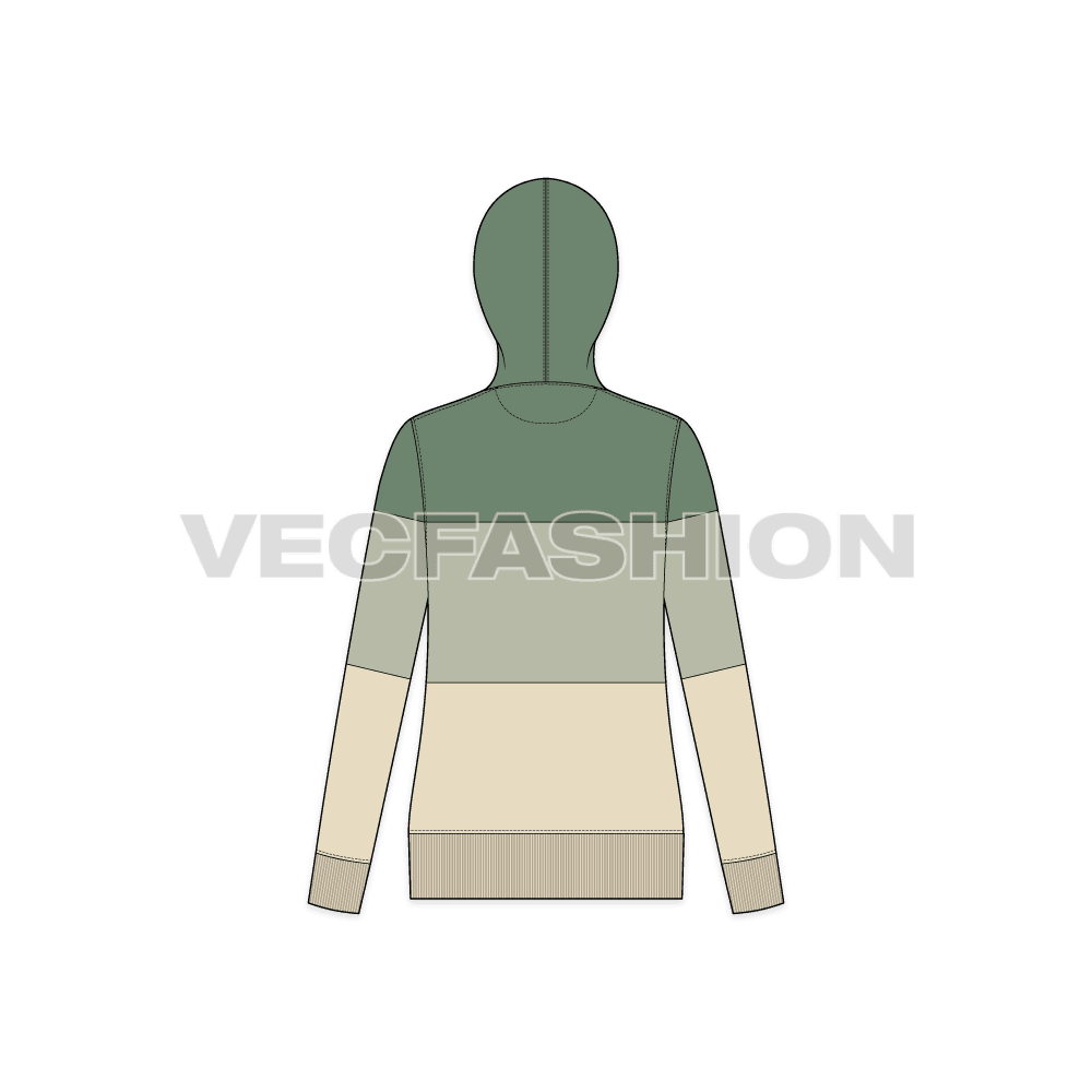 A vector illustrator sketch template of Women's Panelled Hoodie. It has Charcoal Gray colored panel on top, white in the middle and medium gray on lower panels. 