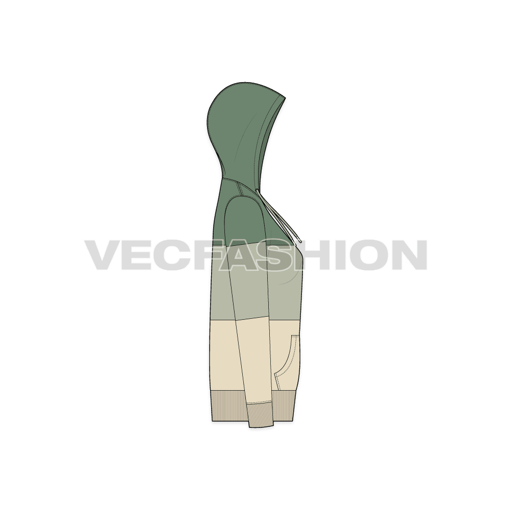Womens panelled hoodie flat sketch, side view