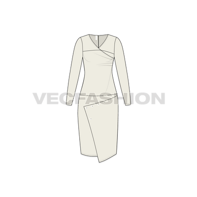 A vector template for Women's Pencil Suit. Womens Black colored overlapping dress with pleats on one side and the shape is A-symmetrical. 