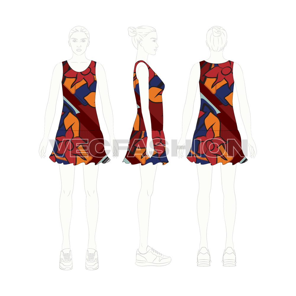 Womens peplum top with foliage print flat sketch, croqui sketch