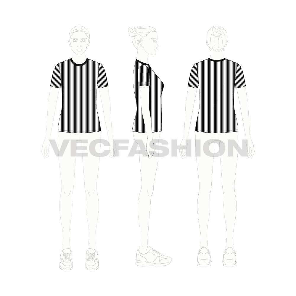 Womens pin stripe tee flat sketch, croqui sketch