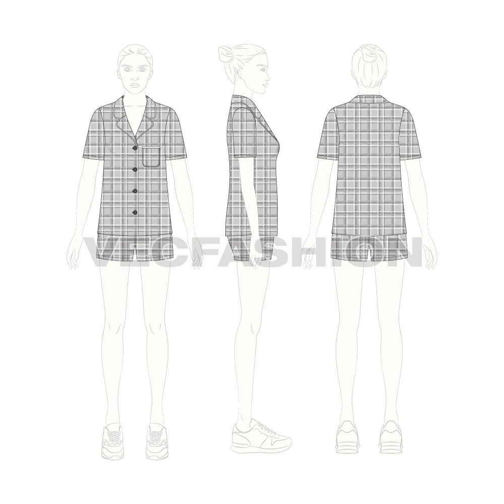 Womens plaid sleep suit flat sketch, croqui sketch