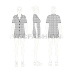 Womens plaid sleep suit flat sketch, croqui sketch