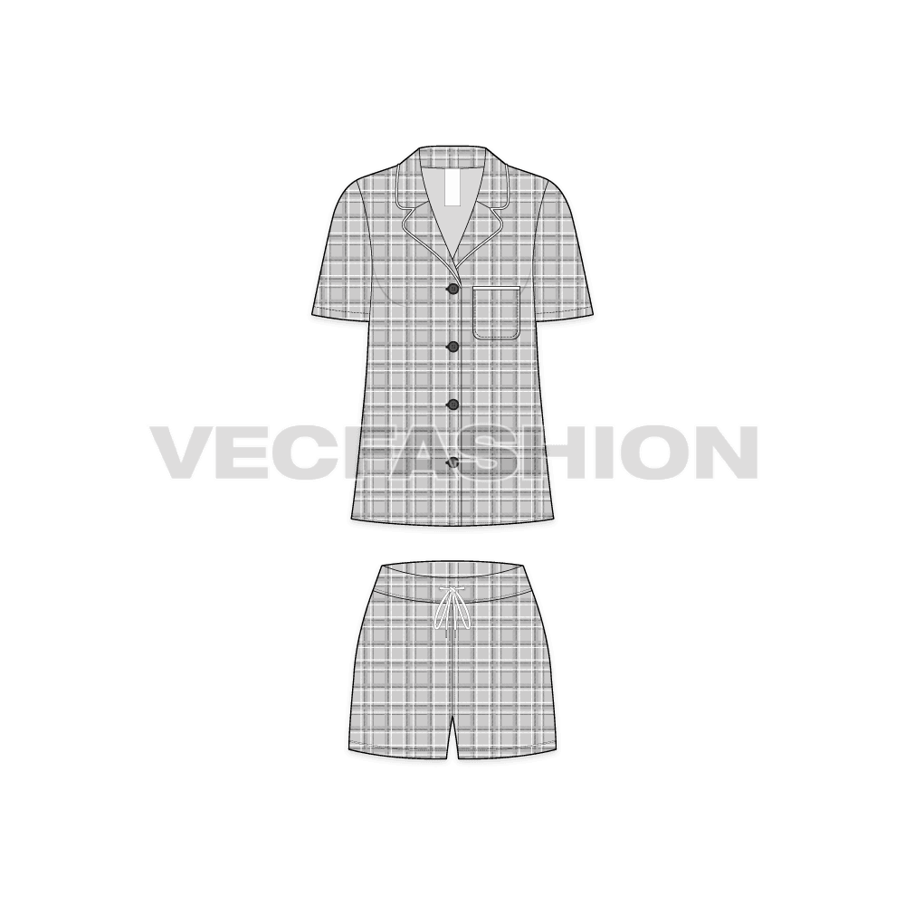 Womens plaid sleep suit flat sketch, front view