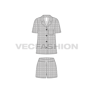 A vector fashion template sketch for Women's Plaid Sleep Suit. It has a shirt with notch collar contrast binding on edging. The fabric has a seamless Scottish Plaid pattern. The shorts is made out of same fabric with flat drawstrings on waistband.