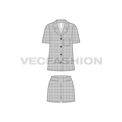 A vector fashion template sketch for Women's Plaid Sleep Suit. It has a shirt with notch collar contrast binding on edging. The fabric has a seamless Scottish Plaid pattern. The shorts is made out of same fabric with flat drawstrings on waistband.