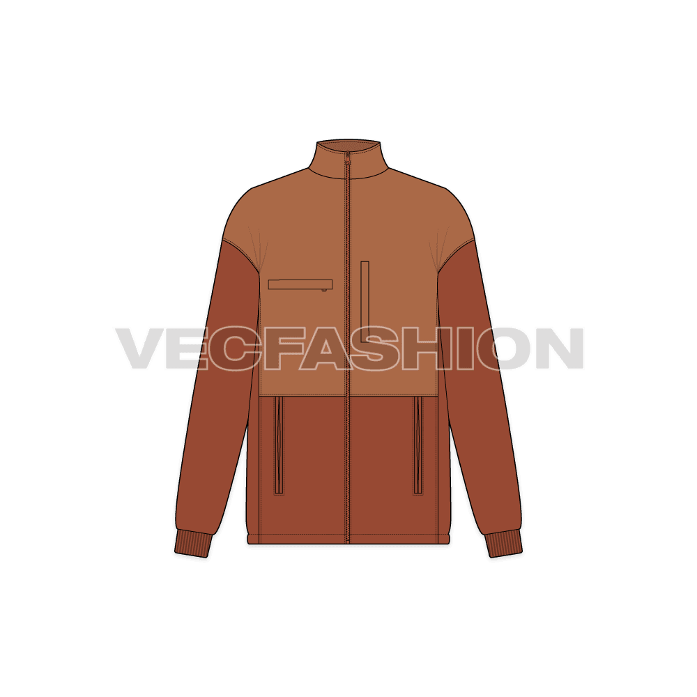 A vector illustrator template for Women's Polar Fleece Jacket. It is using a two tone fabric the dark one is for the polar fleece and the lighter shade is the nylon windbreaker water resistant material. There are two pockets on sides and ribbed cuffs. 