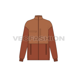 A vector illustrator template for Women's Polar Fleece Jacket. It is using a two tone fabric the dark one is for the polar fleece and the lighter shade is the nylon windbreaker water resistant material. There are two pockets on sides and ribbed cuffs. 