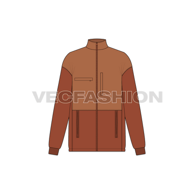 A vector illustrator template for Women's Polar Fleece Jacket. It is using a two tone fabric the dark one is for the polar fleece and the lighter shade is the nylon windbreaker water resistant material. There are two pockets on sides and ribbed cuffs. 