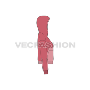 A vector illustrator template for Women's Polar Fleece Jacket. It is using a two tone fabric the dark one is for the polar fleece and the lighter shade is the nylon windbreaker water resistant material. There are two pockets on front on each side with ribbed cuffs and hoodie. 