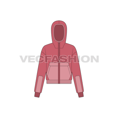 A vector illustrator template for Women's Polar Fleece Jacket. It is using a two tone fabric the dark one is for the polar fleece and the lighter shade is the nylon windbreaker water resistant material. There are two pockets on front on each side with ribbed cuffs and hoodie. 