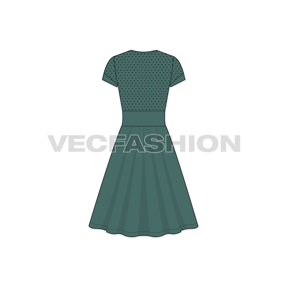 Womens polka dot swing dress flat sketch, back view