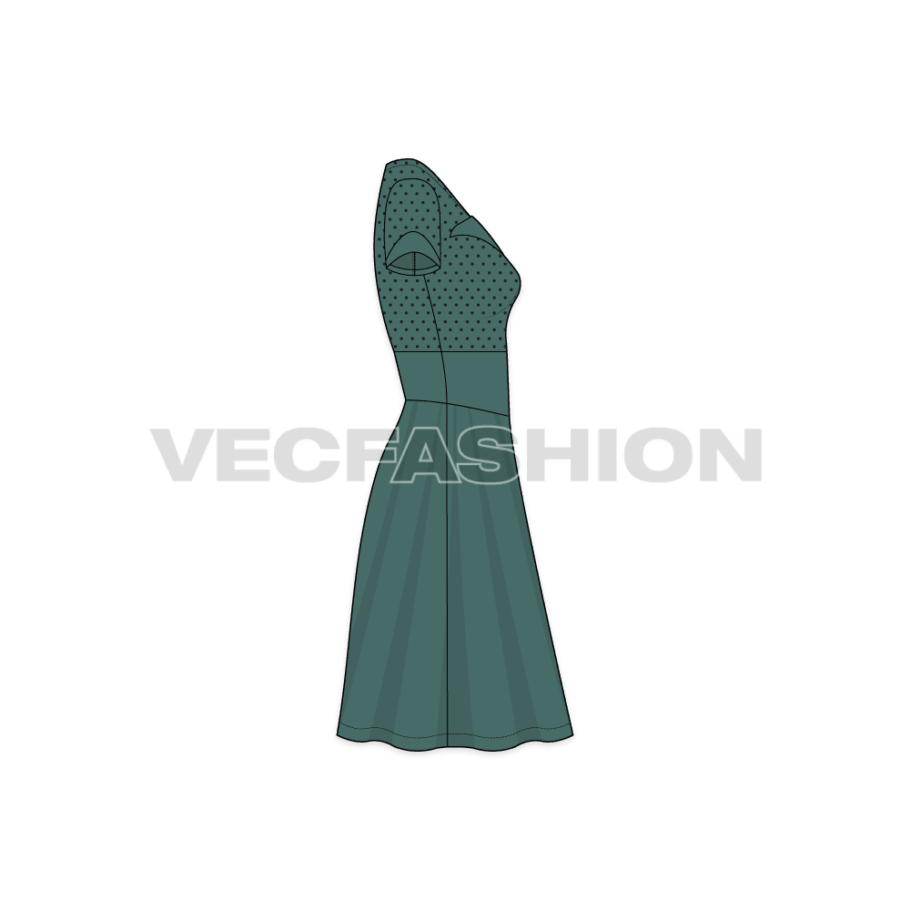 Womens polka dot swing dress flat sketch, side view