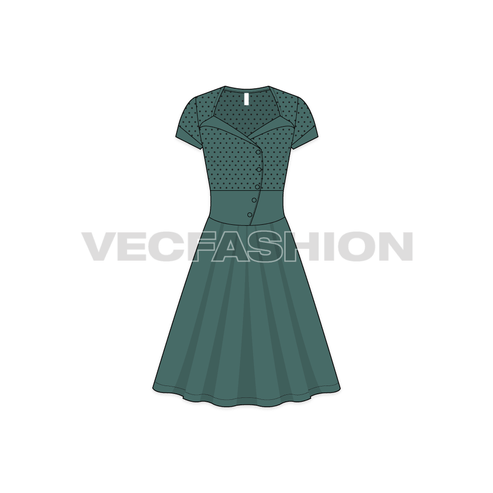 Womens polka dot swing dress flat sketch, front view
