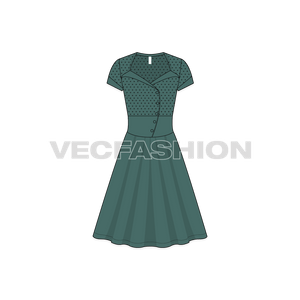 A vector template for Women's Polka Dot Swing Dress. It has polka dotted bodice with forest green flared skirt.