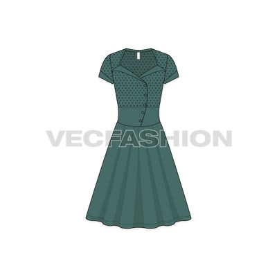 A vector template for Women's Polka Dot Swing Dress. It has polka dotted bodice with forest green flared skirt.