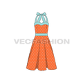 Womens polka dots cocktail dress flat sketch, front view