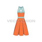 Womens polka dots cocktail dress flat sketch, front view