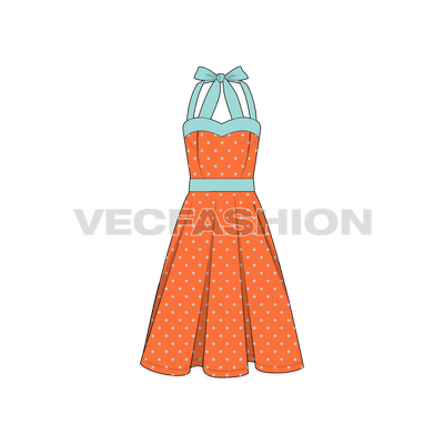 A vector template for Women's Polka Dots Cocktail Dress. It is a fitted dress from the bodice with a classic style bow straps for enclosure and flared skirt. 