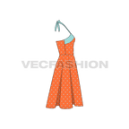 Womens polka dots cocktail dress flat sketch, side view