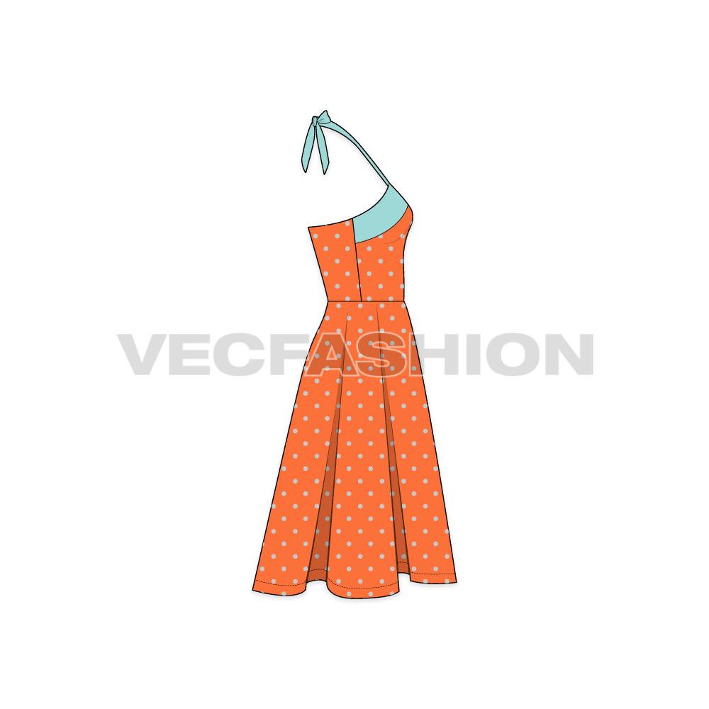 A vector template for Women's Polka Dots Cocktail Dress. It is a fitted dress from the bodice with a classic style bow straps for enclosure and flared skirt. 