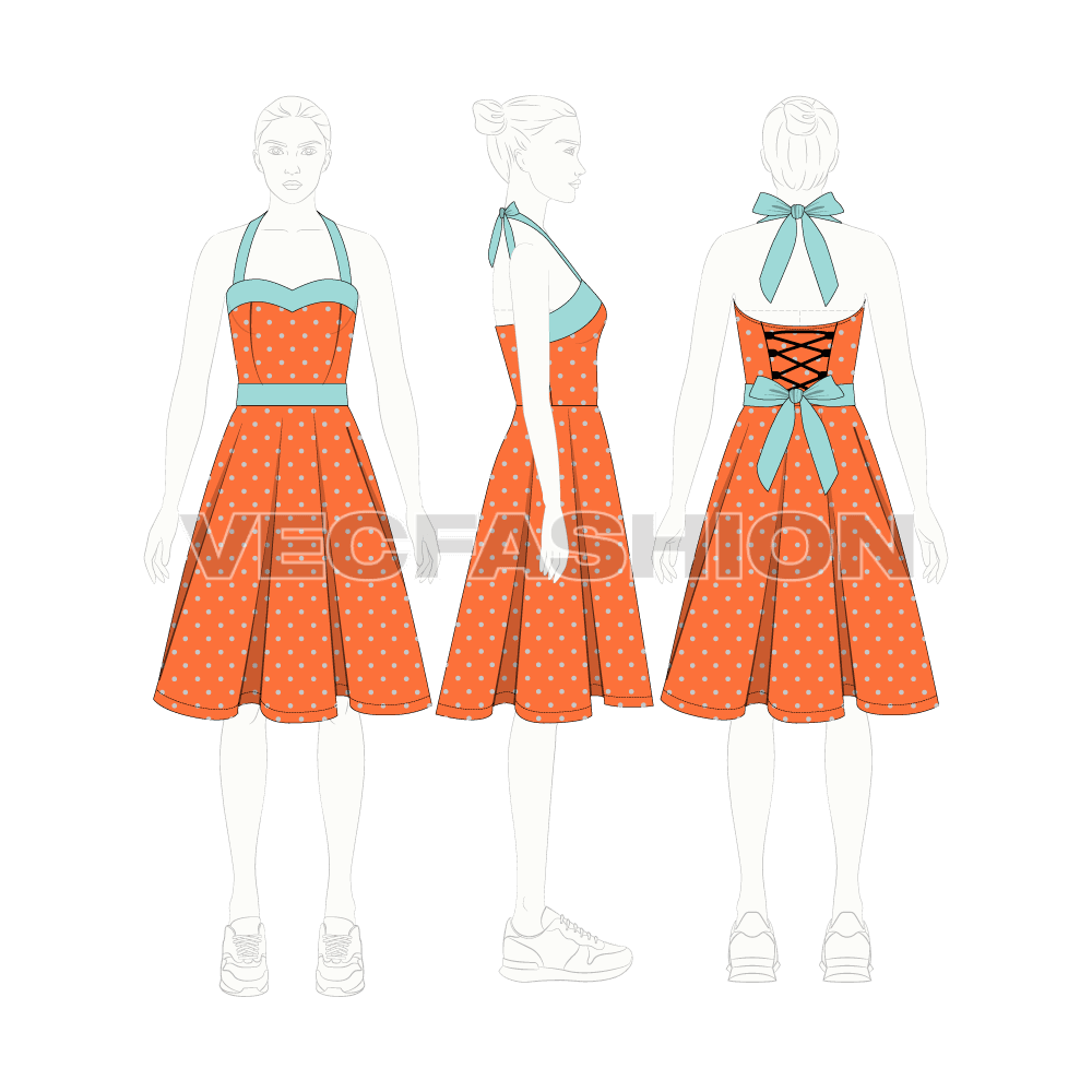 Womens polka dots cocktail dress flat sketch, croqui sketch