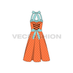 Womens polka dots cocktail dress flat sketch, back view