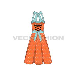 A vector template for Women's Polka Dots Cocktail Dress. It is a fitted dress from the bodice with a classic style bow straps for enclosure and flared skirt. 