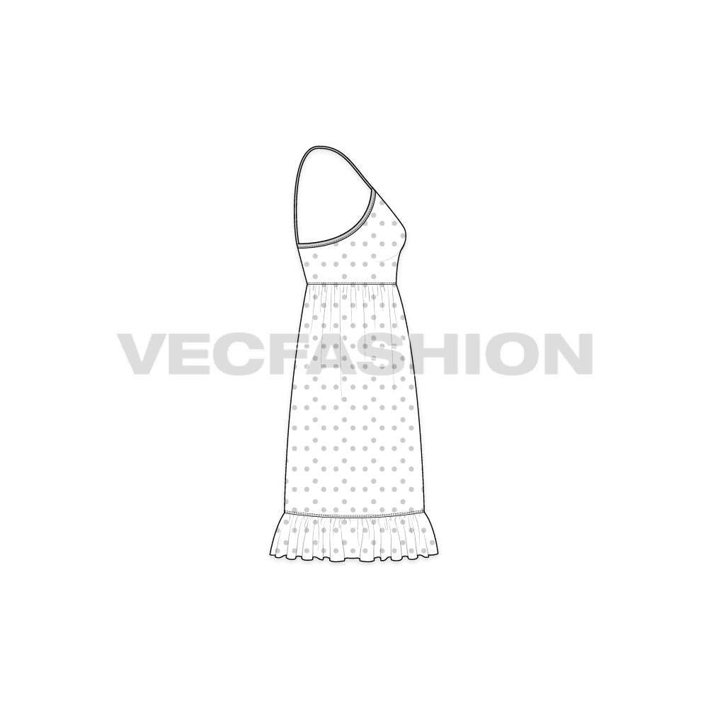 Womens polka dots dress flat sketch, side view