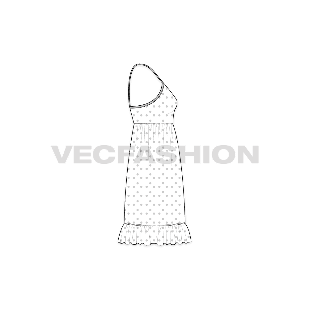 A vector fashion template sketch for Women's Polka Dots Dress. It has contrast edging with all over printed fabric. The bottom hem has the peplum panel and length comes until calf.