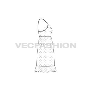 A vector fashion template sketch for Women's Polka Dots Dress. It has contrast edging with all over printed fabric. The bottom hem has the peplum panel and length comes until calf.