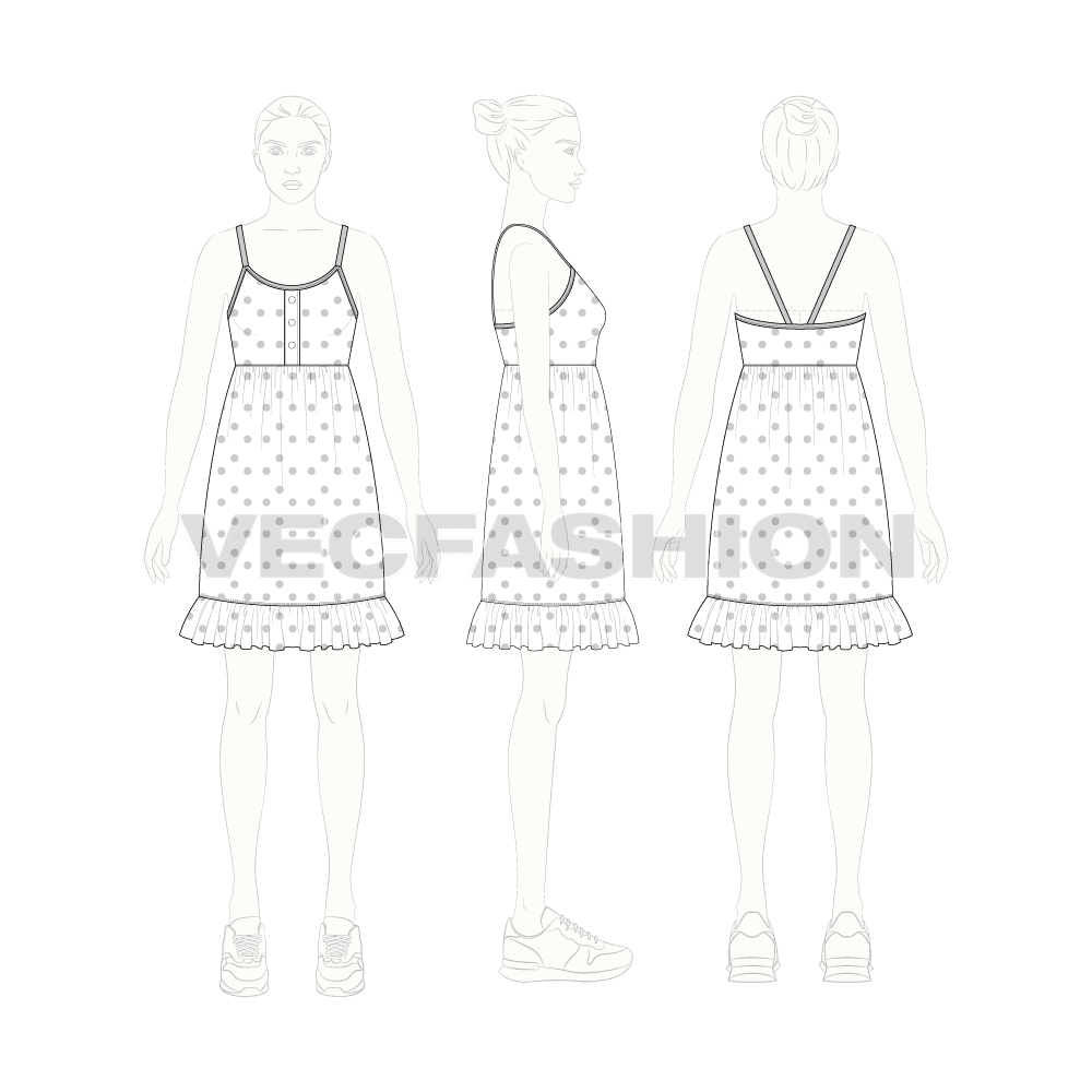 Womens polka dots dress flat sketch, croqui sketch
