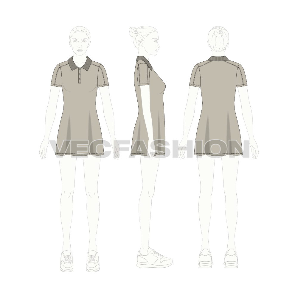 Womens polo neck dress flat sketch, croqui sketch