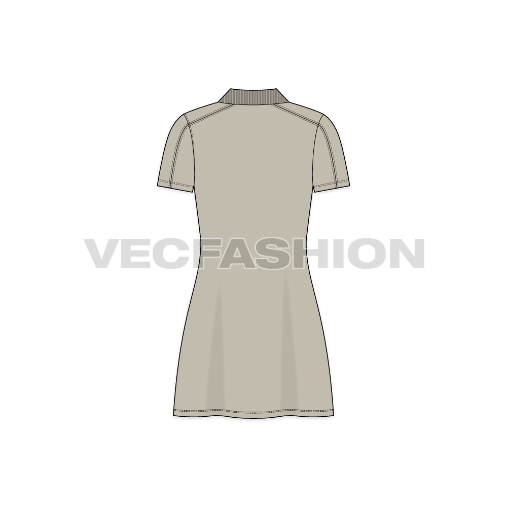 Womens polo neck dress flat sketch, back view