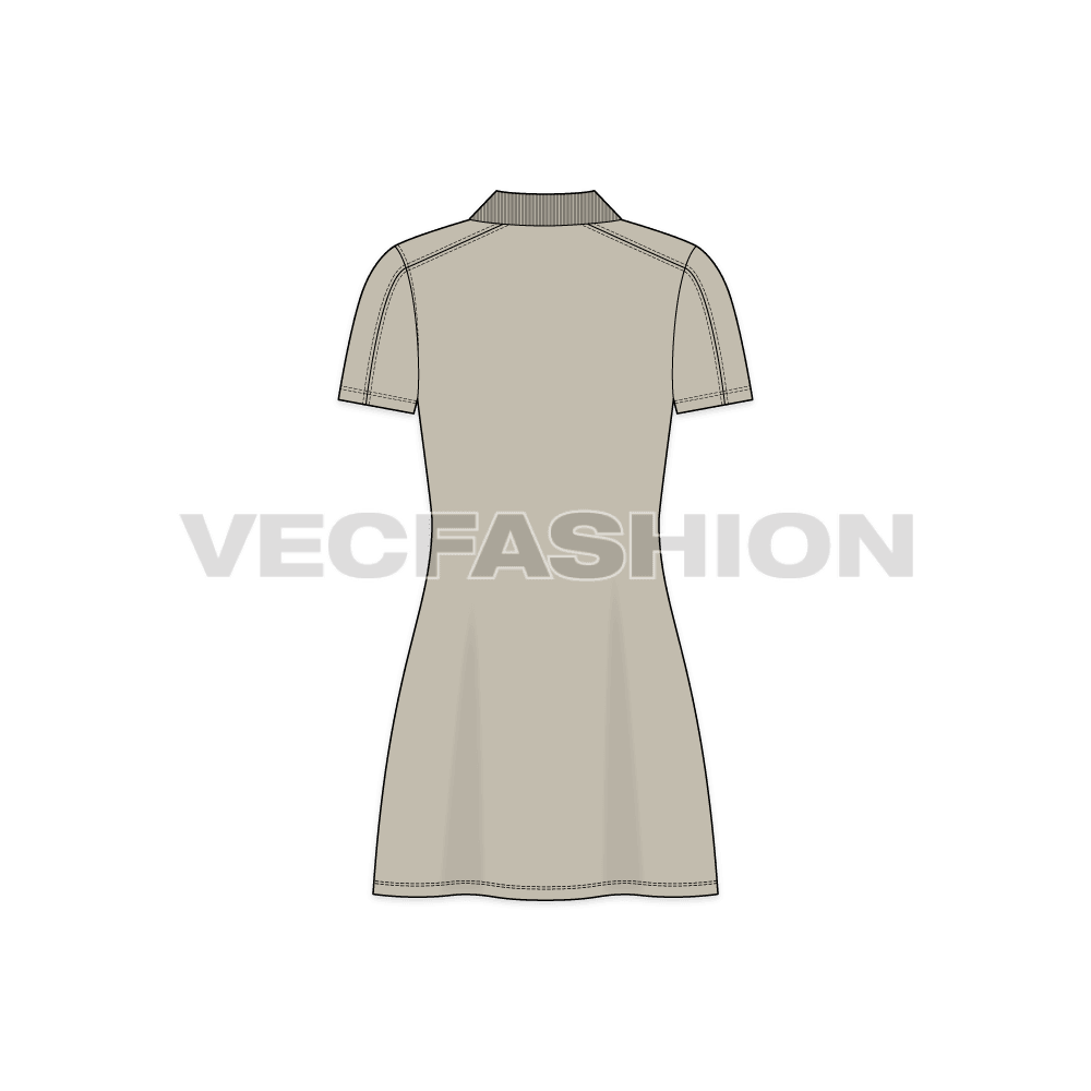 A vector template for Women's Polo Neck Dress. It has a ribbed collar, button placket and fitted at the waist. 