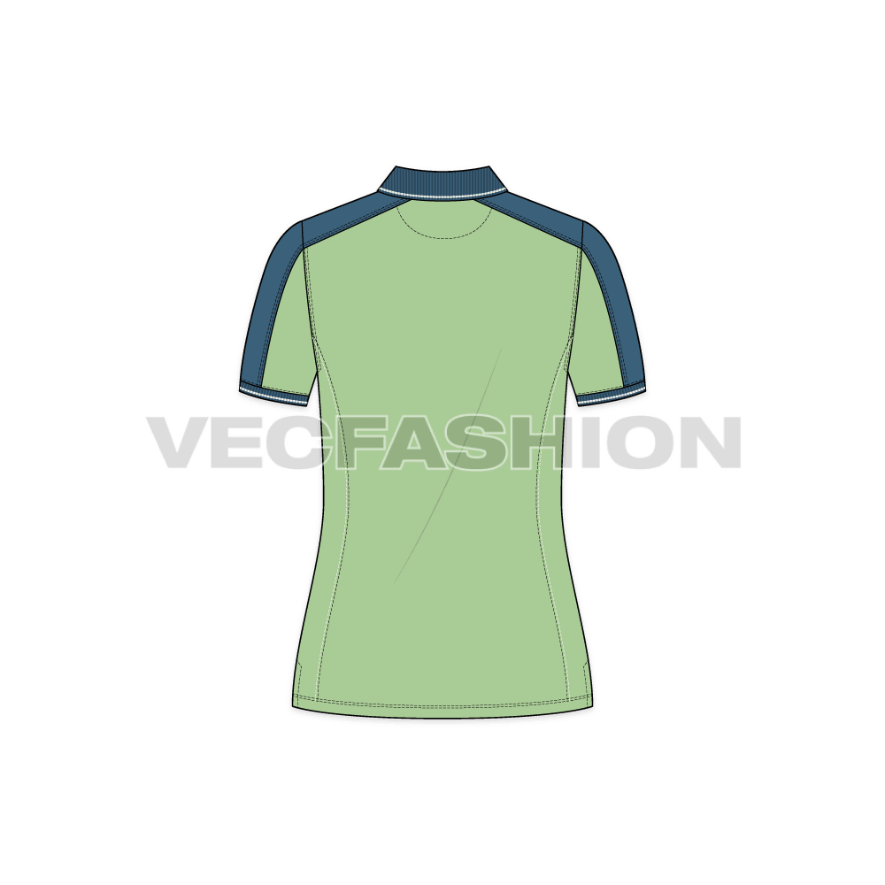 Womens polo shirt flat sketch, back view