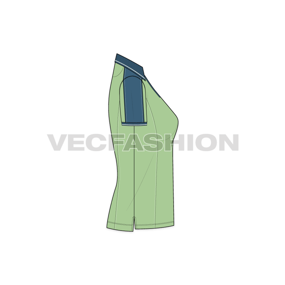 Womens polo shirt flat sketch, side view