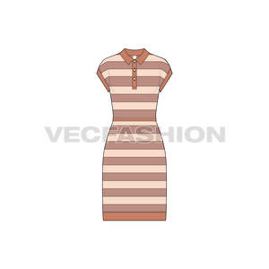A vector fashion flat sketch for Women's Polo Shirt Dress. It is rendered in a yarn-dyed in big stripes with contrast colored trims.