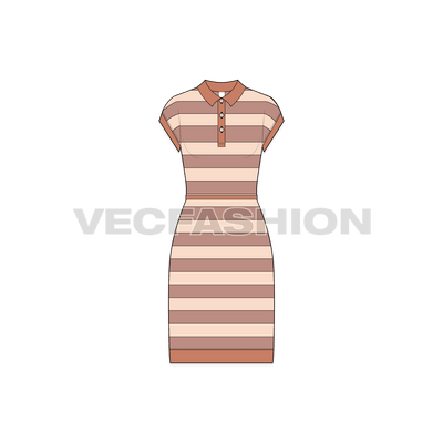 A vector fashion flat sketch for Women's Polo Shirt Dress. It is rendered in a yarn-dyed in big stripes with contrast colored trims.