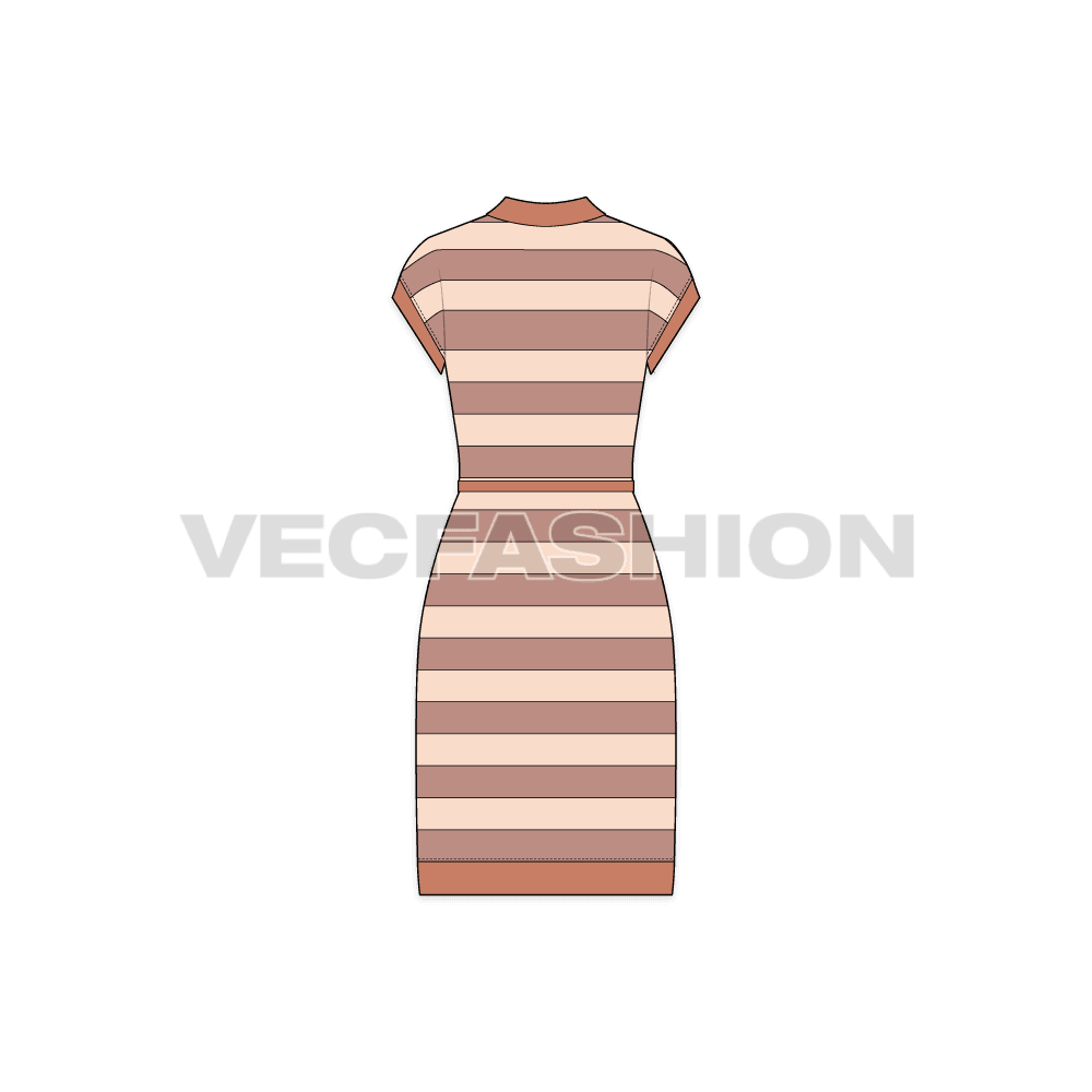 A vector fashion flat sketch for Women's Polo Shirt Dress. It is rendered in a yarn-dyed in big stripes with contrast colored trims.
